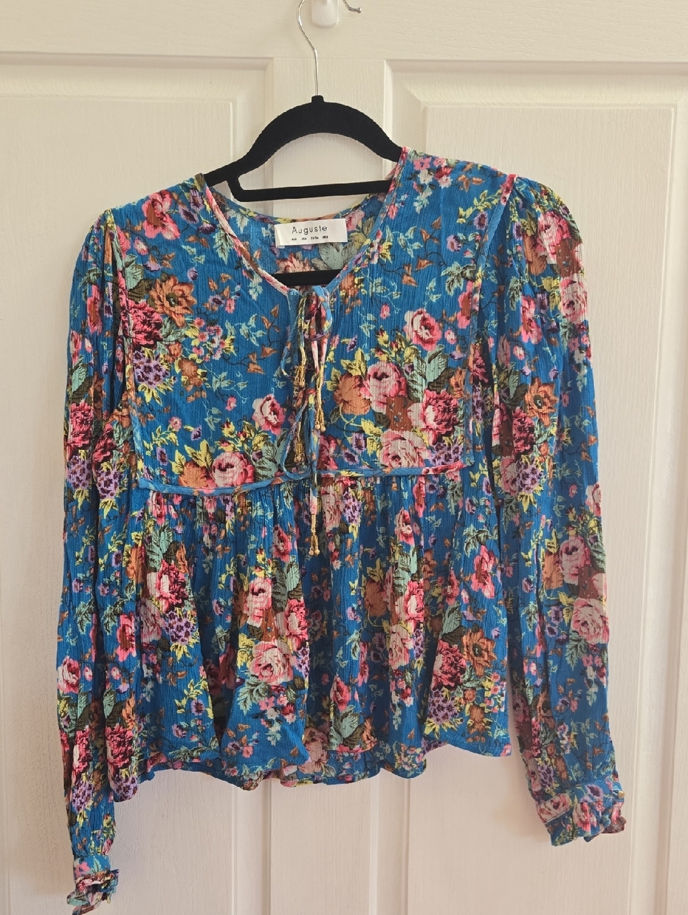 Auguste Teal Blue Floral Tie-Neck Peasant Blouse